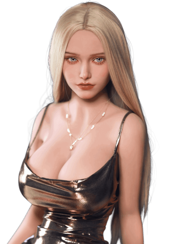 Sex doll realistica DutchDoll Mia 159 cm in TPE con capelli biondo chiaro, occhi azzurri, seni gel E-cup e figura a clessidra voluttuosa.