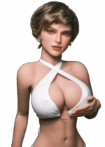 Sex doll realistica DutchDoll Kate 159 cm in TPE con capelli castani corti, seni in gel grandi e figura sinuosa a clessidra, bambola con aspetto naturale.