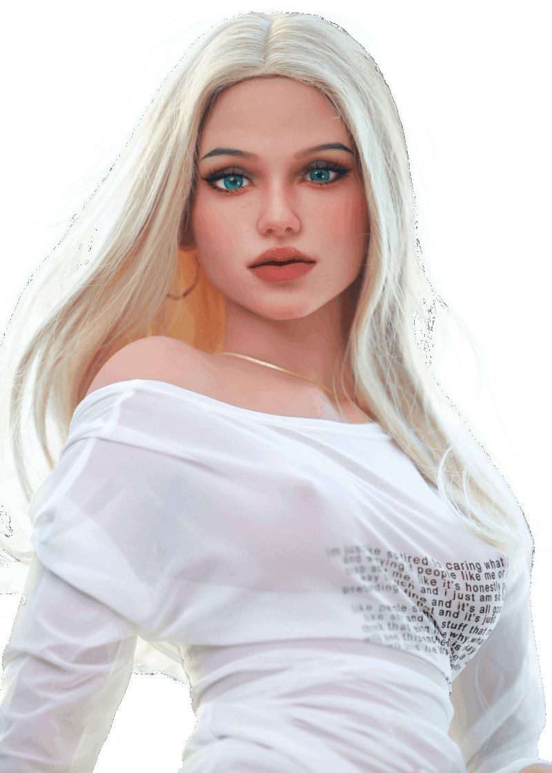 Sex doll realistica DutchDoll Sara 158 cm in TPE con capelli biondo chiaro, occhi verdi, pelle morbida e scheletro EVO+ flessibile per movimenti naturali.