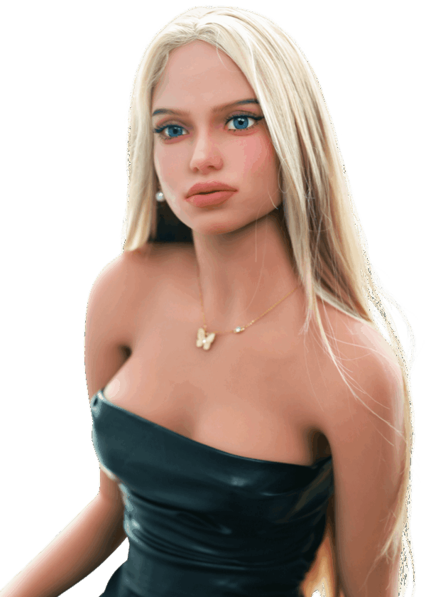 Sex doll realistica DutchDoll Sophie 158 cm in TPE con lunghi capelli biondi, occhi blu scuro e figura snella, bambola con pelle morbida e scheletro EVO+ flessibile.