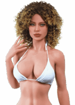Sex doll realistica Firedoll Camila 156 cm in TPE con ricci biondo scuro, occhi azzurri e seno D naturale, bambola con aspetto seducente e pelle morbida.