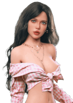 Firedoll Zoey | 157 cm Sex doll realistica Firedoll Zoey 157 cm in TPE con capelli castano scuro, occhi blu intensi e figura snella e sensuale, bambola con aspetto seducente.
