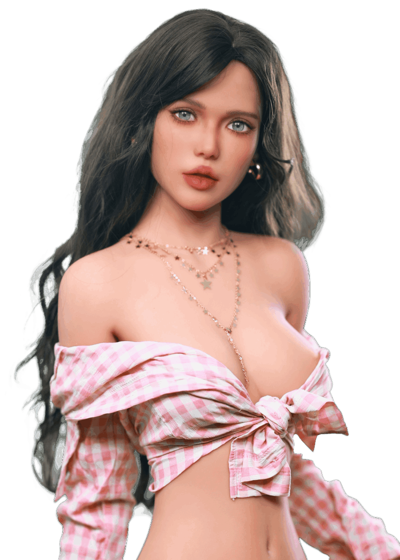 Firedoll Zoey | 157 cm Sex doll realistica Firedoll Zoey 157 cm in TPE con capelli castano scuro, occhi blu intensi e figura snella e sensuale, bambola con aspetto seducente.