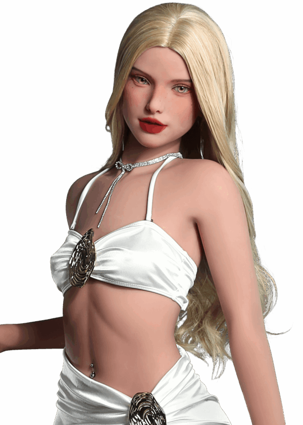 Sex doll realistica DutchDoll Celina 165 cm in TPE con capelli biondi, curve femminili generose, seni gel e aspetto naturale, bambola con texture cutanea morbida.
